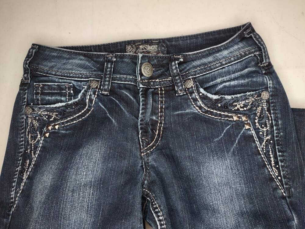 Silver Jeans Women 26x27 Suki 17 Low Rise Embellished Whiskered Faded Fancy READ